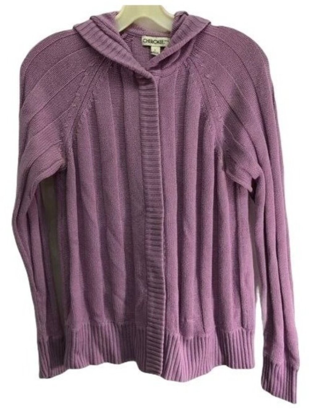 Cherokee purple knitted snap down sweater cardigan long sleeve hooded large READ